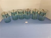 6 SHORT BLUE BALL JARS W/ LIDS