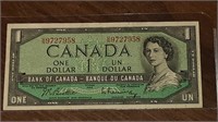 1954 CANADIAN $1.00 DOLLAR NOTE U/N9727958