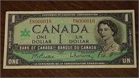 1867-1967 CANADIAN $1.00 DOLLAR NOTE M/O8000016