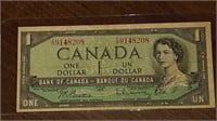 1954 CANADIAN $1.00 DOLLAR NOTE X/O9148208