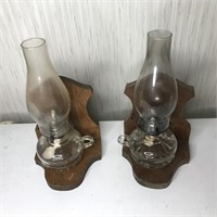 Matching Pair of Oil Lamps w/ Wall Mounts