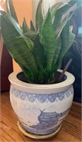 Large Chinese blue and white flower pot on a