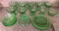 20 pieces of green depression glass including