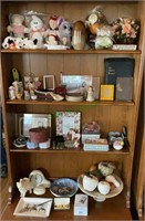 Shelf lot - figurines, Holy Bible, quartz clock,