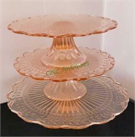 Pink Depression glass cake stands - lot of three.
