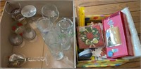 Two box lot - glasses, wine bottle corks, markers,