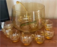 Punch bowl set - amber glass punch bowl with 11