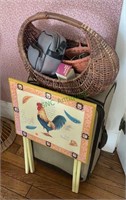 Rooster decorated TV tray, suitcase, basket with