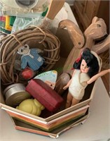 Box with lid, toys, carved wood bear, razor and