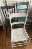 3 antique painted chairs - two with woven seats -