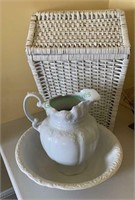 Wicker basket, antique wash bowl and pitcher by
