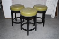 SET OF 3 GREEN LEATHER TOPPED STOOLS