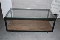 WOOD W/ GLASS TOP INDUSTRIAL STYLE COFFEE TABLE