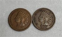 (2) 1908 U.S. Indian Head Pennies