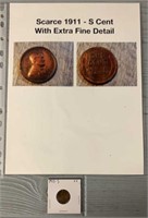 Scarce 1911-S Cent W/ XF Detail