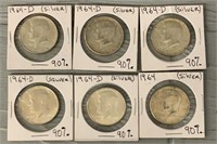 (6) 1964 90% Silver Kennedy Half Dollars