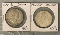 1954-D & 1953-D 90% Silver Franklin Half Dollars