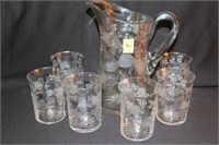 ETCHED CRYSTAL PITCHER AND 6 MATCHING TUMBLERS