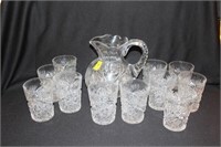 CUT CRYSTAL PITCHER AND 11 MATCHING TUMBLERS