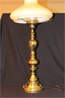 BRASS LAMP WITH GLASS SHADE AND CHIMNEY