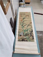 LargeVintage Japanese Bird Print on Scroll 54"Long