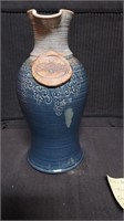 Vintage Pottery Ceramic Vase Blue Brown Signed