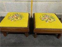 Two Vintage Wooden Upholstered Stools