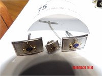 MASONIC CUFFLINKS AND TIE CLIP - BLUE AND METAL