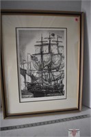 Framed Sailing Ship Print 22" x 27" Signed and