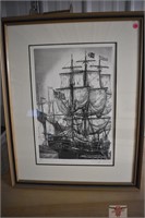 Framed Sailing Ship Print 22" x 27" Signed and