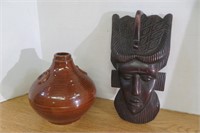 11 1/4" h Hand Carved Mask & Vintage  Pottery Jug
