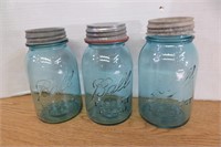 3 Blue Ball Jars with Zinc Lids