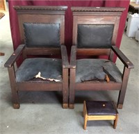Two Antique Mission Oak Armchairs and Footstool
