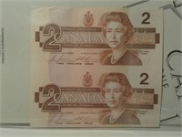 Canada 1986 Two Dollar Bills (2X) - Uncut