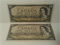 1954 Canada 20 Dollar Bills (2X) Prefix T/E