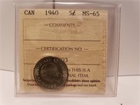 1940 Canada 5 Cent Coin ICCS MS-65 graded