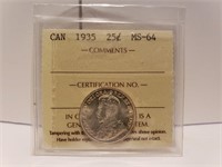 1935 Canada 25 Cent Coin ICCS MS-64 graded