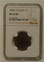 1882H Canada 1 Cent Coin NGC MS63 BN graded