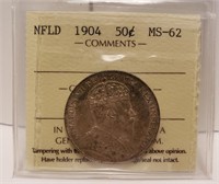 1904 Newfoundland 50 Cent Coin ICCS MS-62 graded