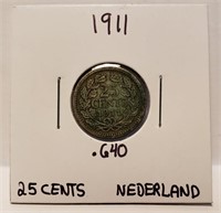 Netherlands: 25 Cents Silver 1911