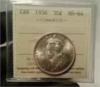 1936 Canada 50 Cent Coin ICCS MS-64 graded