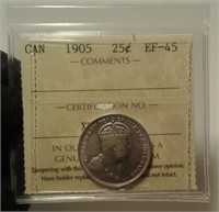 1905 Canada 25 Cent Coin ICCS EF-45 graded