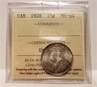 1928 Canada 25 Cent Coin ICCS MS-64 graded