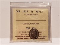 1915 Canada 5 Cent Coin ICCS MS-63 graded