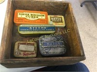 small wood box w vintage tins