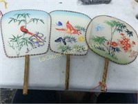 3 vintage asian fans bird themed good condition