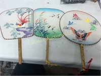 3 vintage asian fans bird themed good condition