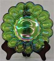 DEVILED EGG SERVING TRAY GREEN GLASS HOLOGRAPHIC