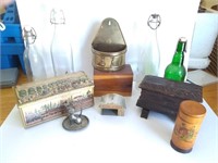 Old bottles, wood and Tin boxes, brass and more