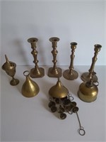 Group of brass items - incense burner, bell, wind